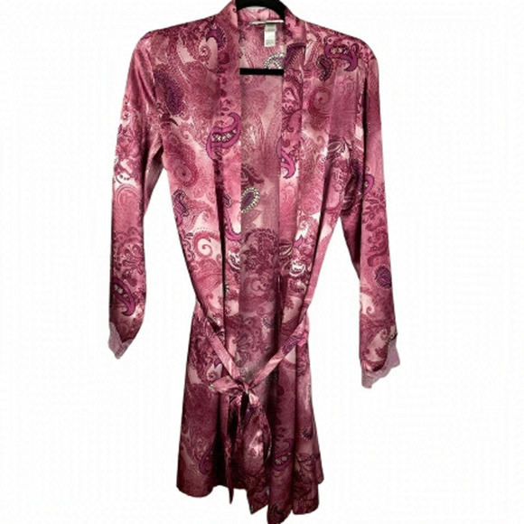 Delicates Casual Paisley Long Sleeve Open Front Tie Waist Kimono Robe Small Pink - Picture 2 of 10